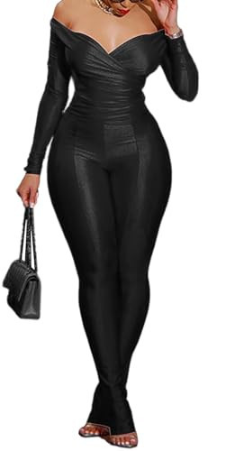 Womens Sexy 2 Piece Outfits Off Shoulder Deep V Neck Tops Slit Hem Flare Pants Sparkly Jumpsuit Set Clubwear Black | Amazon (US)