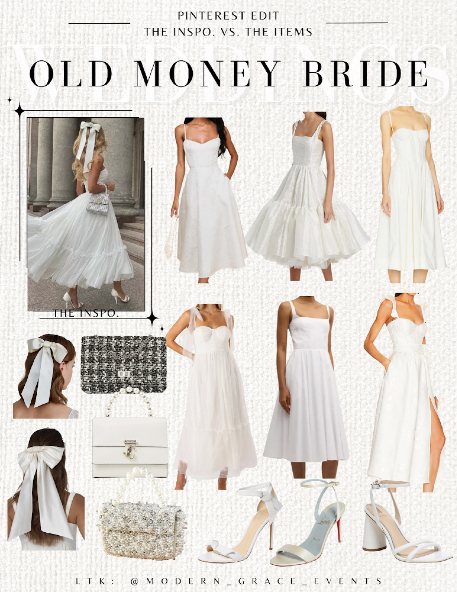 Pinterest Edit - The Inspo. Vs. The Items
Today’s theme: Old Money Bride💰🖤

There’s just something about a classic, feminine, polished look that gives us all the ✨girly wedding vibes.✨Maybe it’s because we’re in our Soft Feminine Era (“Alexa, play Espresso by Sabrina Carpenter”) or maybe it’s because we’re a sucker for a silk bow, either way, we are down the Pinterest rabbit hole again and this time, we’ve come up with gold. 

Shop this look for your bridal brunch, a day out wedding dress shopping with your girls, or even for your bridal shower.💋

#LTKStyleTip #LTKWedding #LTKParties