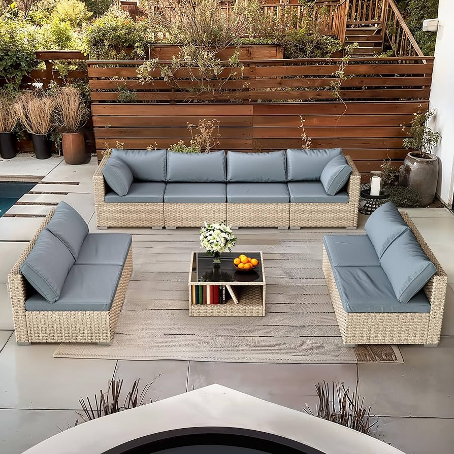 9-Piece Patio Furniture Set, Outdoor Wicker Conversation Set Sectional Sofa with Waterproof Thick... | Amazon (US)