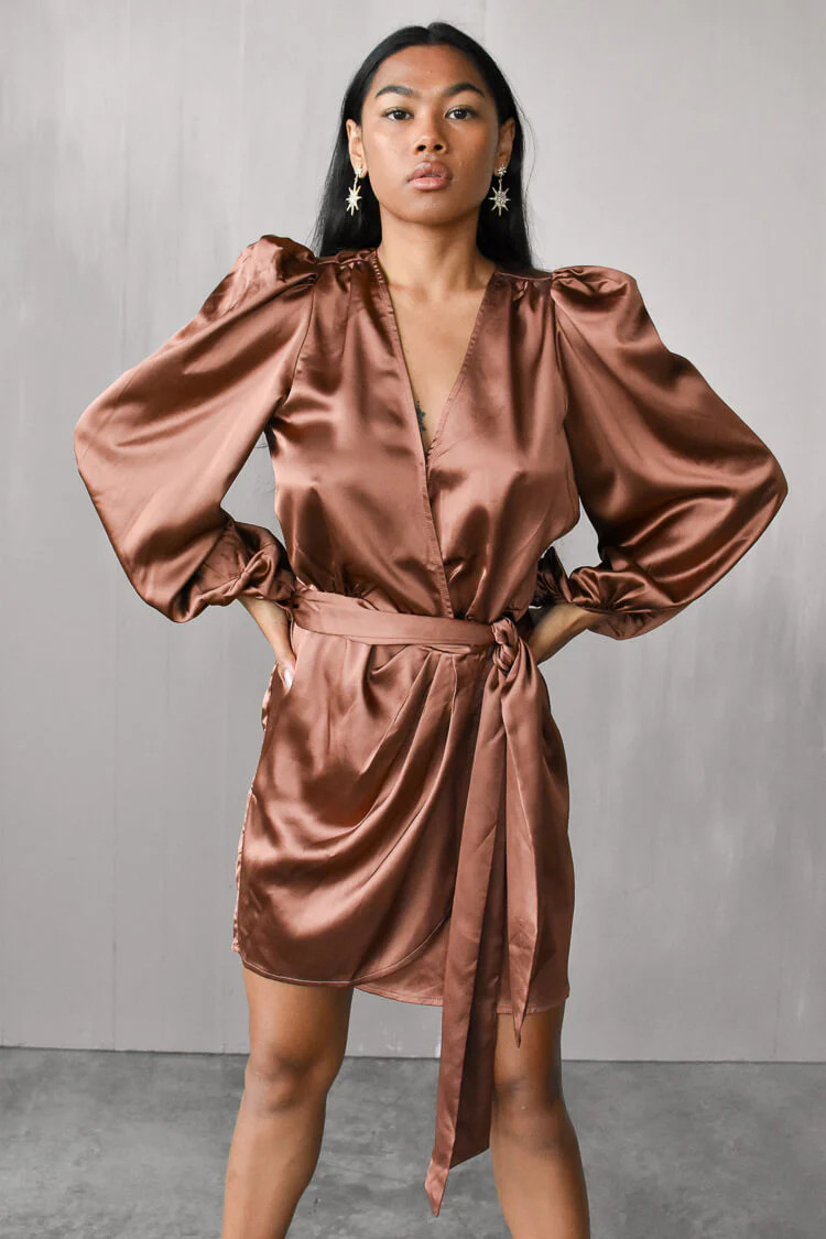 Gal Satin Wrap Mini Dress - Bronze | Confête