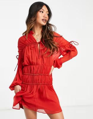 ASOS DESIGN tie neck mini dress with blouson sleeve in red | ASOS | ASOS (Global)