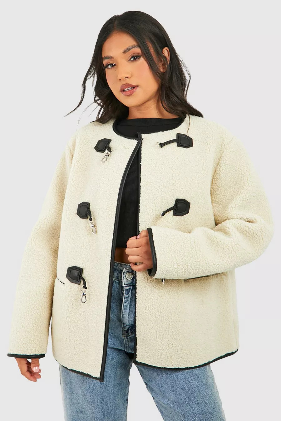 Petite Teddy Borg Buckle Detail Jacket | boohoo (US & Canada)
