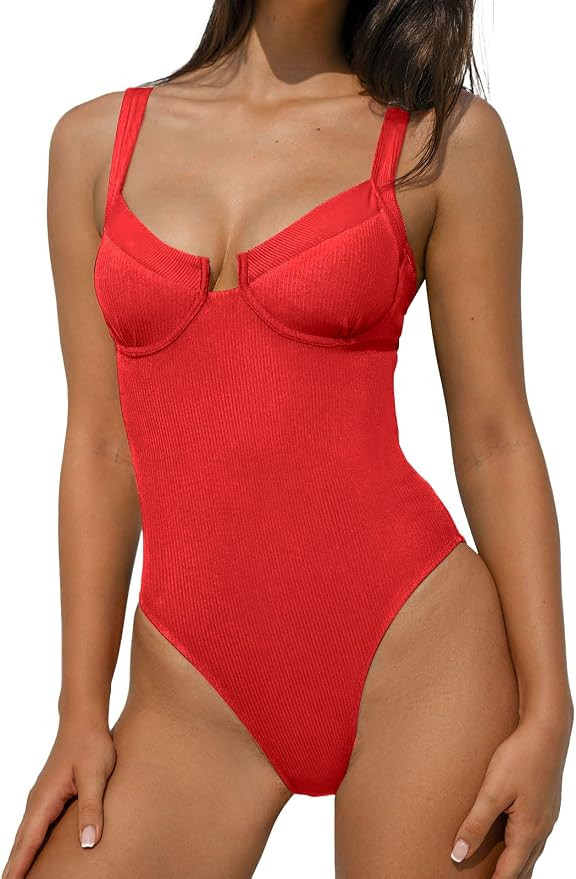 BERLOOK One Piece Swimsuit Women Tummy Control Ribbed Retro Bathing Suits Contrast Trim Knotted S... | Amazon (US)