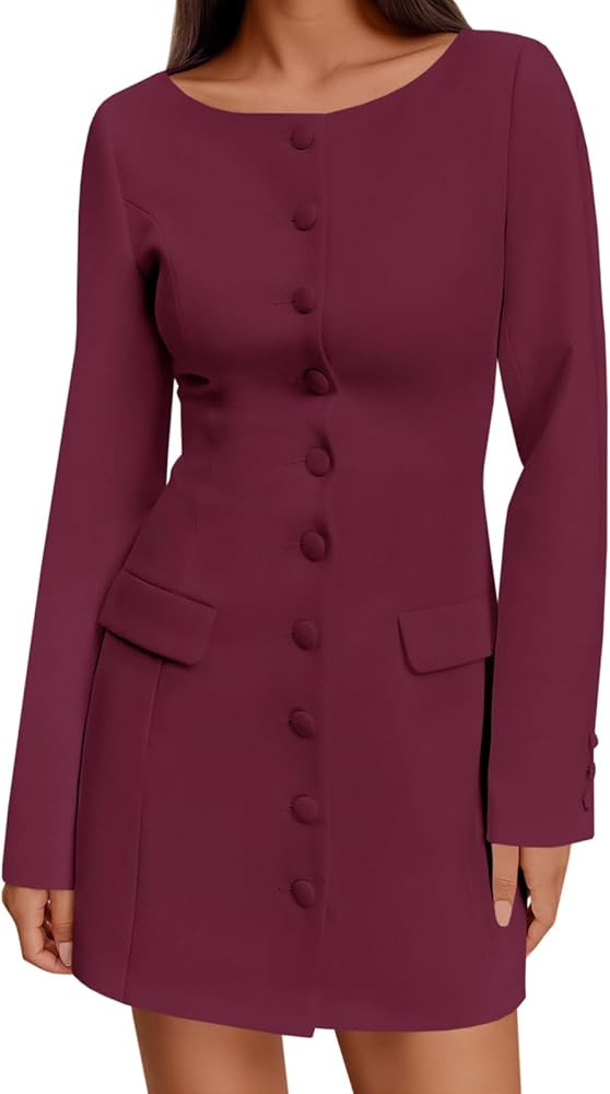 Wenrine Womens Button Down Work Dress Long Sleeve Business Office Slim Fit Elegant Fall Blazer Mi... | Amazon (US)