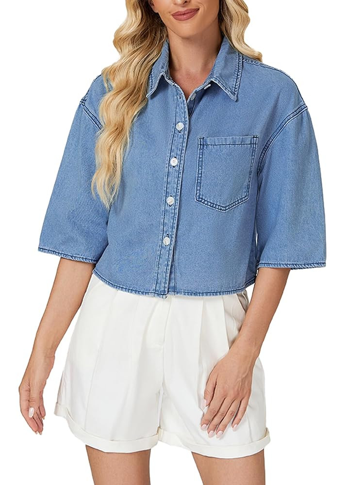 Women’s Cropped Denim Shirt Button Down Half Sleeve Casual Jean Jacket Lightweight Collared Sum... | Amazon (US)