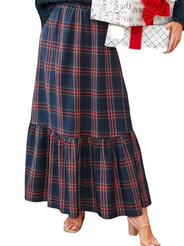 CUPSHE Women Skirts Plaid Ruffled Maxi Skirt Holiday High-Rise Waist Long Skirt Blue L | Amazon (US)