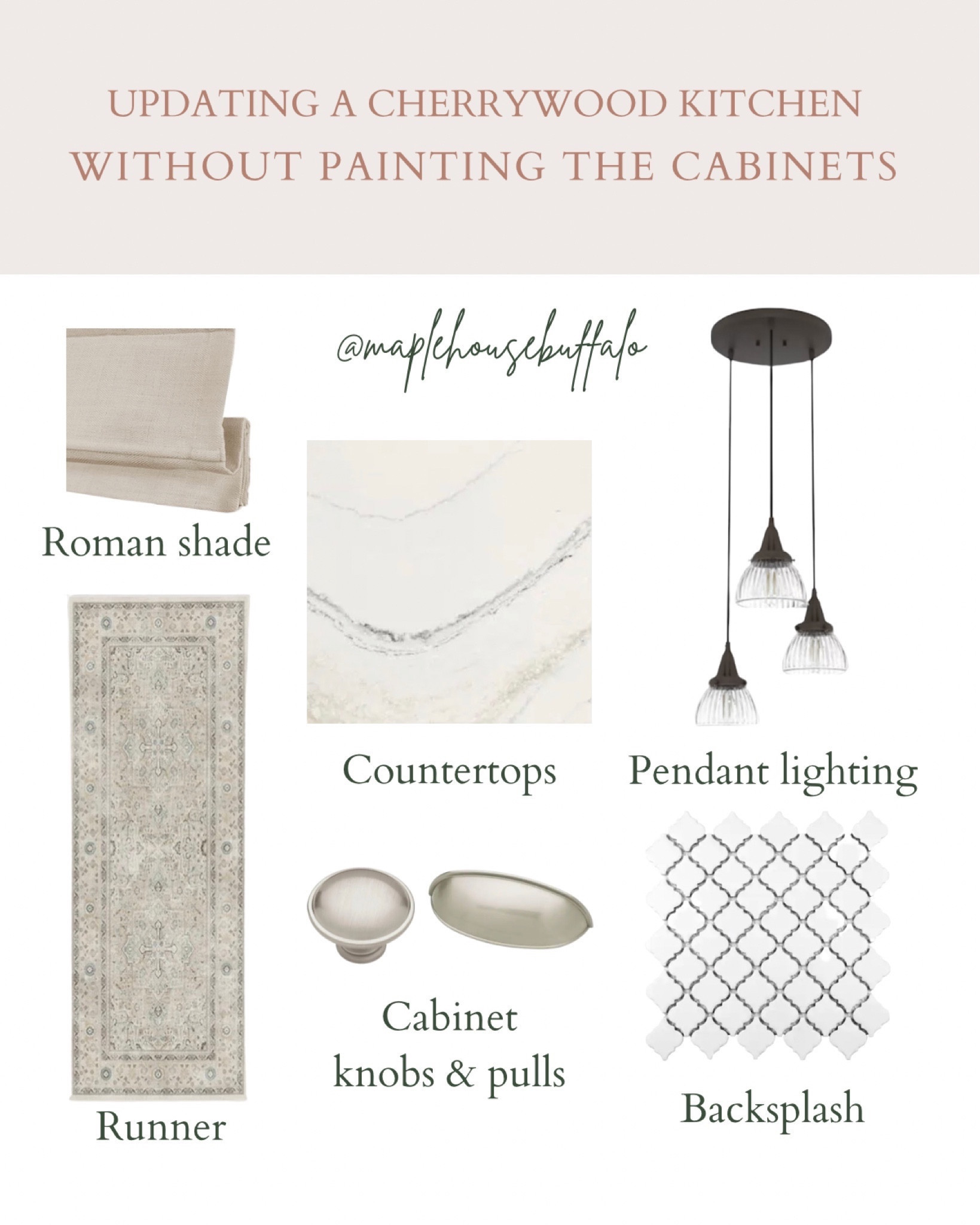 We are slowly updating our cherrywood kitchen without painting the cabinets. So far we have switched out the pendant lighting, added a washable rug, a spice rack accent wall,  and framed custom artwork, as well as new counter stools. 
Improvements I’m still working on:
-updating the smaller appliances 
-new hardware
-installing slow close hinges 
-backsplash
-countertops
-diy faux Roman shade 

#LTKfamily #LTKstyletip #LTKhome