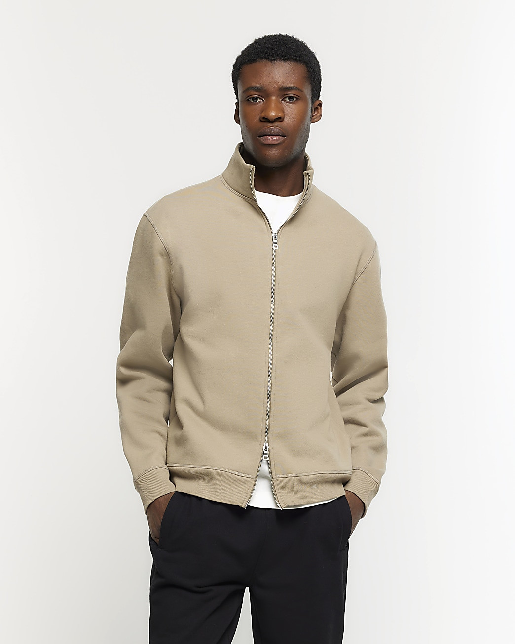 Khaki regular fit zip up funnel sweatshirt | River Island (UK & IE)