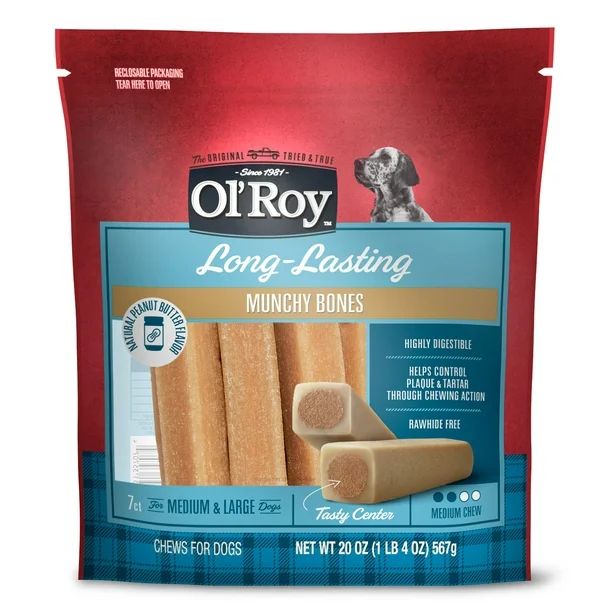 Ol' Roy Long-Lasting Natural Peanut Butter Flavor Munchy Bones Chews for Dogs, 7 count, 20 oz | Walmart (US)