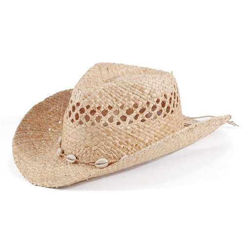 Straw Cowboy Hats for Women Men Summer Shell Sun Beach Cowgirl Hat | Amazon (US)
