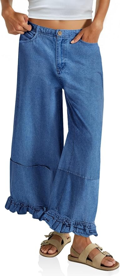 Cicy Bell Womens Ruffle Wide Leg Jeans Cropped Elastic Baggy Denim Pants | Amazon (US)