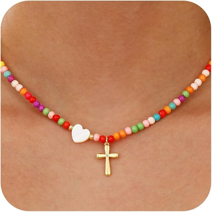 Valentines Day Gift Colorful Beaded Cross Necklace for Girl Women 18K Gold Plated Pendant Baptism... | Amazon (US)