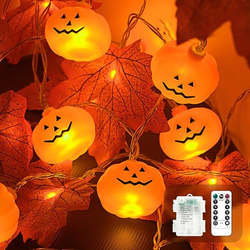 JACKYLED Halloween String Lights 60-LED Pumpkin & Maple Leaf Lights 30FT 8 Modes with Remote & Timer IP65 Waterproof Battery-Powered for Indoor & Outdoor Halloween Decorations | Amazon (US)