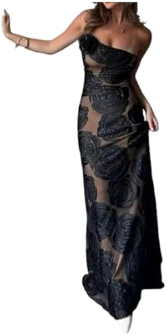 Pokn Sheer Dress Maxi Dress for Women Elegant Floral Appliques Dresses Sexy One Shoulder Sheer Sl... | Amazon (US)