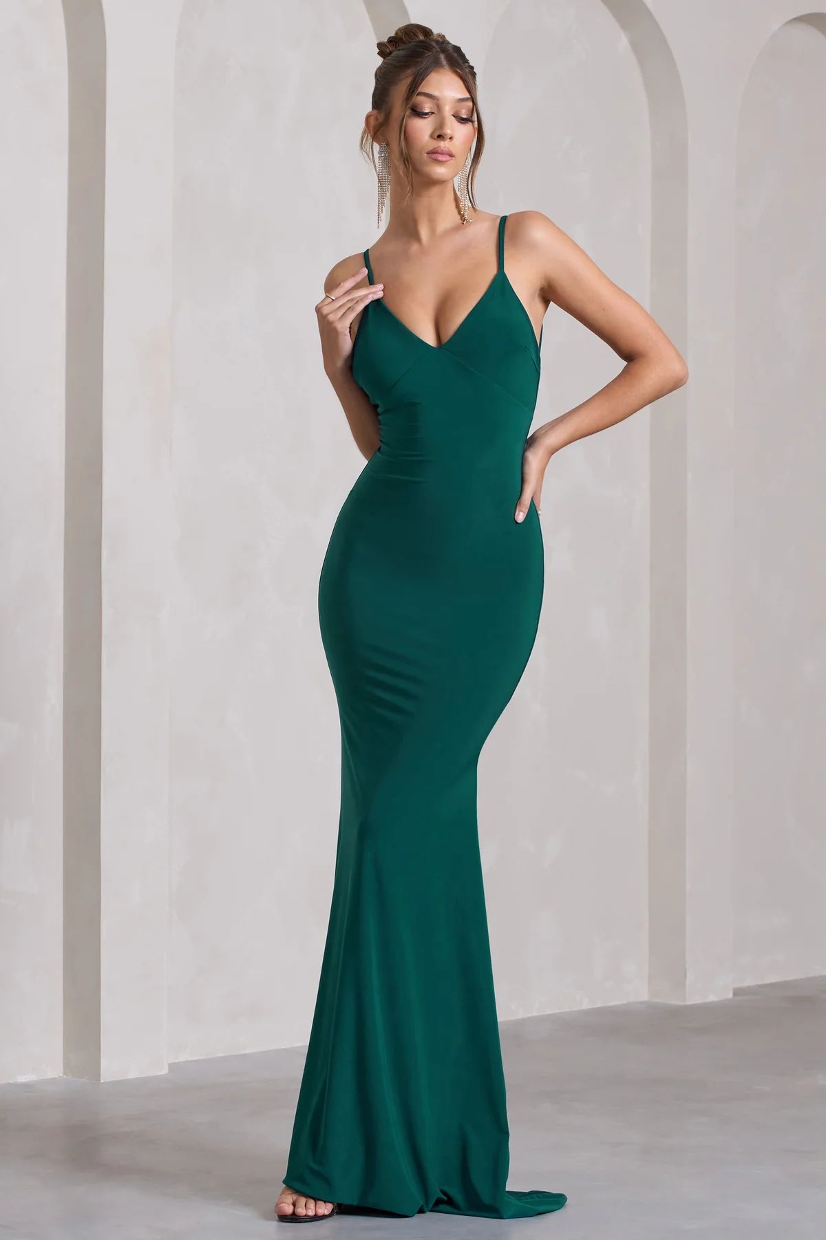 Naya | Bottle Green Strappy V-Neck Fishtail Maxi Dress | Club L London