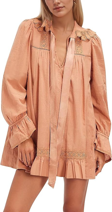 Women Long Puff Sleeve Fall Babydoll Dress Lace Patchwork V Neck Flowy Dresses Self Tie Front Min... | Amazon (US)