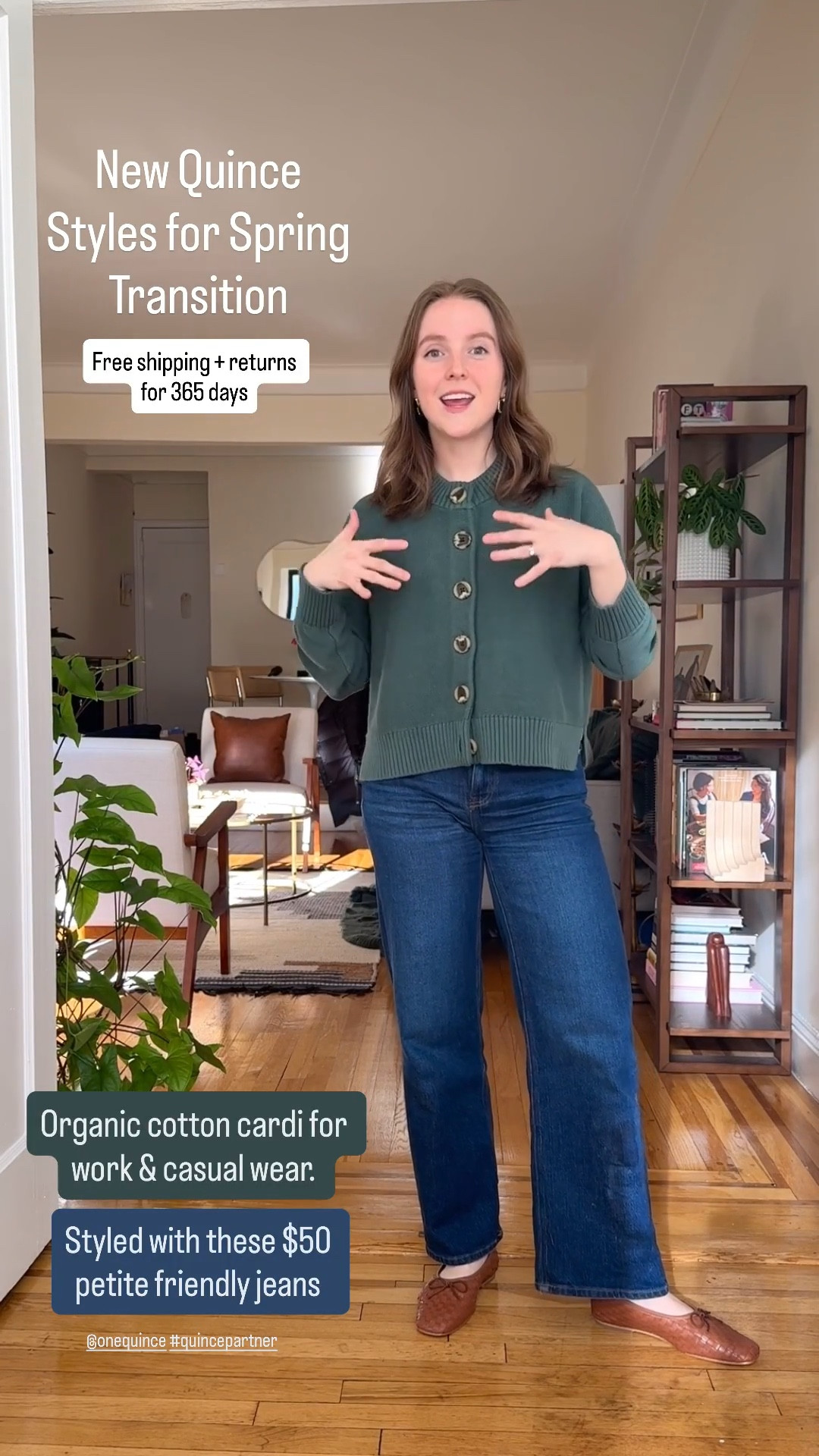 The cutest organic cotton cardigan to wear for work or casual wear. Size xs. Jeans size 25 inseam 28 (I’m 5ft 2 117 lbs. usually 0-2 petite in jeans) @Quince #quincepartner