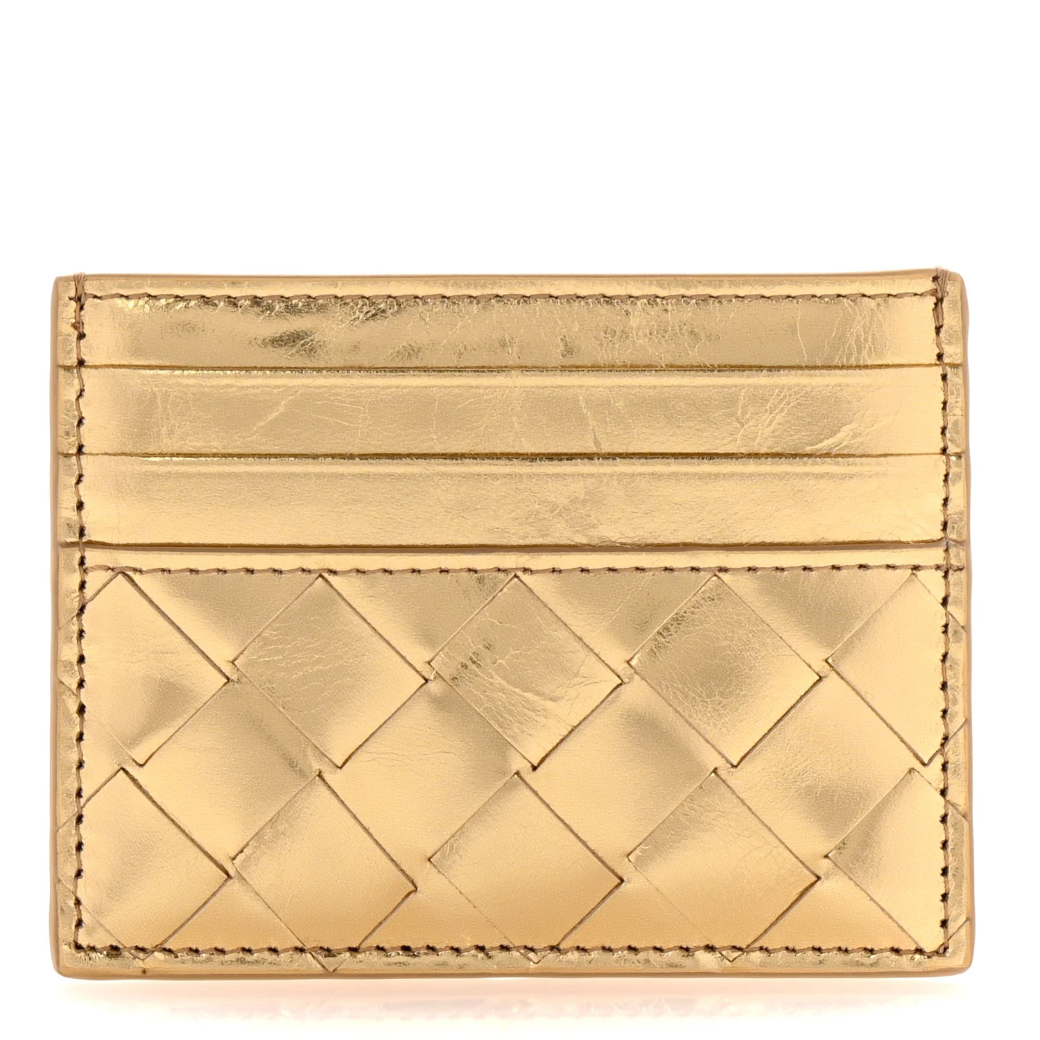 Bottega Veneta Metallic Nappa Intrecciato Card Case Gold | FASHIONPHILE (US)
