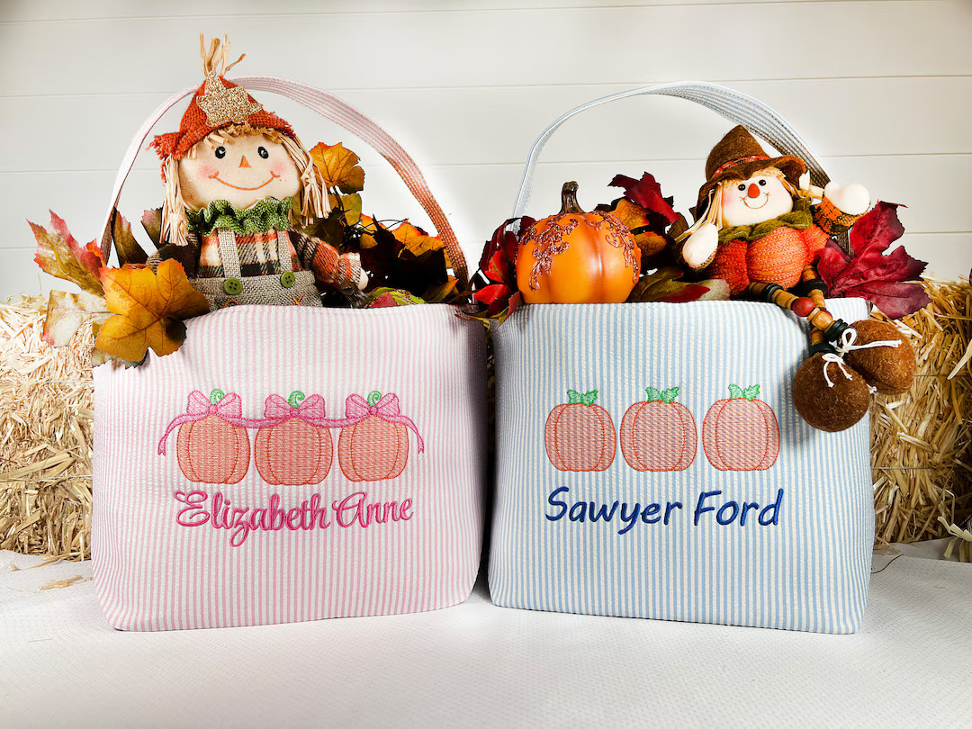 Personalized Custom Embroidered Striped Trick or Treat Halloween Bag Basket Bucket Tote Orange Pu... | Etsy (US)