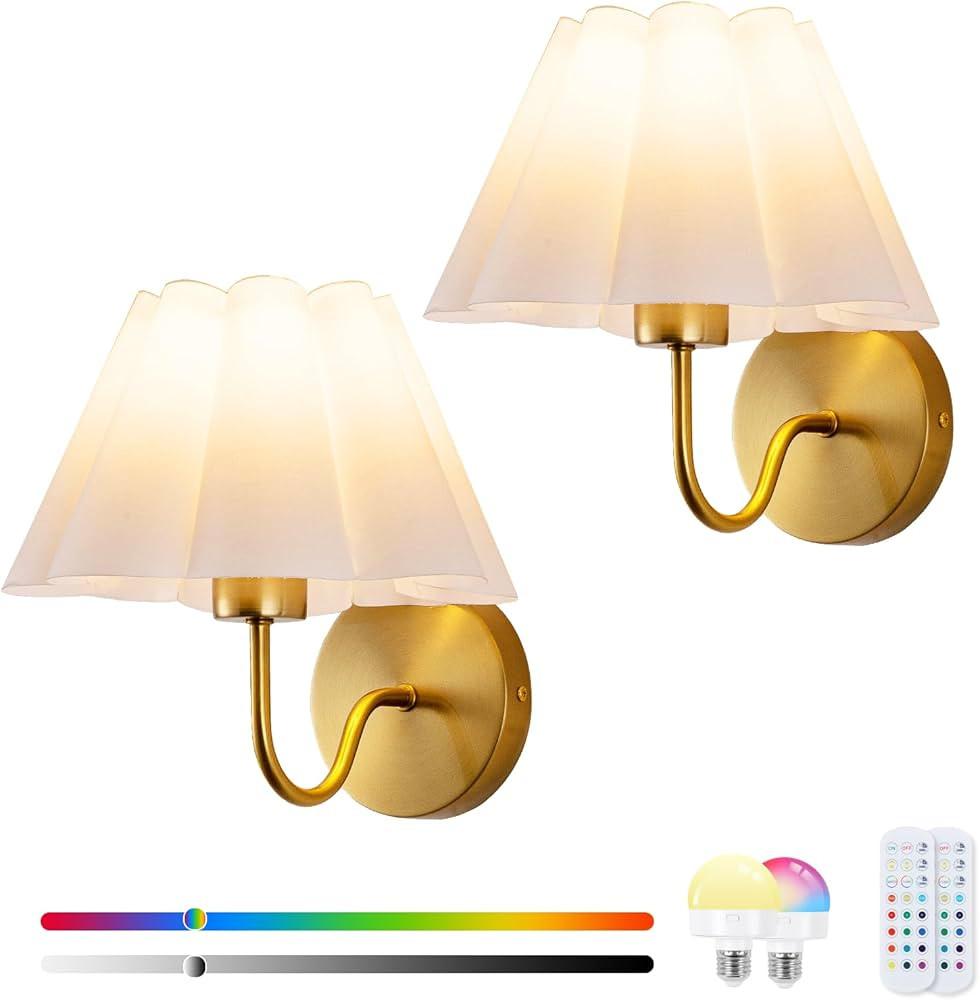 Battery Operated Wall Sconces Sets of 2, Indoor not Hardwired White Fabric lampshade Fixtures,Rec... | Amazon (US)