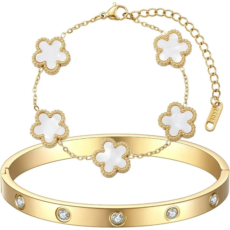 18K Gold Plated Clover Bracelet Love bangle Set for Women - Stack Friendship Bracelet Lucky Link ... | Walmart (US)
