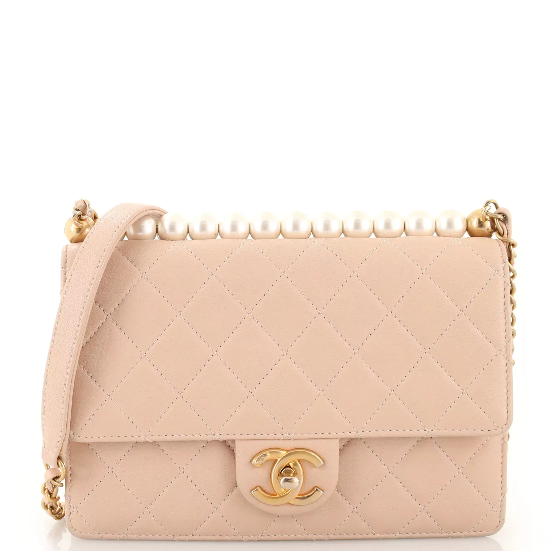 Chanel Lambskin Quilted Pearl Top Handle Clutch Flap Black