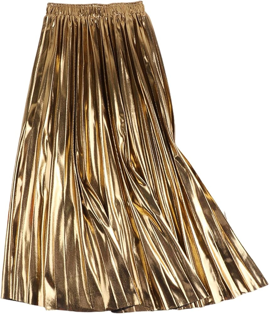 SEMATOMALA Women's Gold Pleated Maxi Skirt Accordion Elastic Waist Aline Swing Metallic Shiny Lon... | Amazon (US)