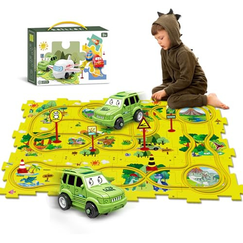 25 PCS Puzzle Car Track Toys for Kids, Plastic Puzzle Rail Tracks with 1 Cute Vehicle, Toddler Boy Toys for 3 4 5 6 Years Old, Preschool Educational Car Toys (Dinosaur Theme) | Amazon (US)