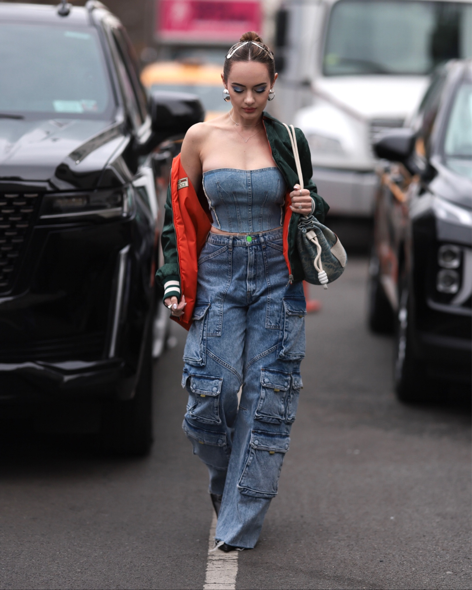 Total denim look 👖🧷 Oversized hair pins, denim cargo pants, and denim corset - as seen during NYFW! 

#LTKunder50 #LTKstyletip #LTKFind