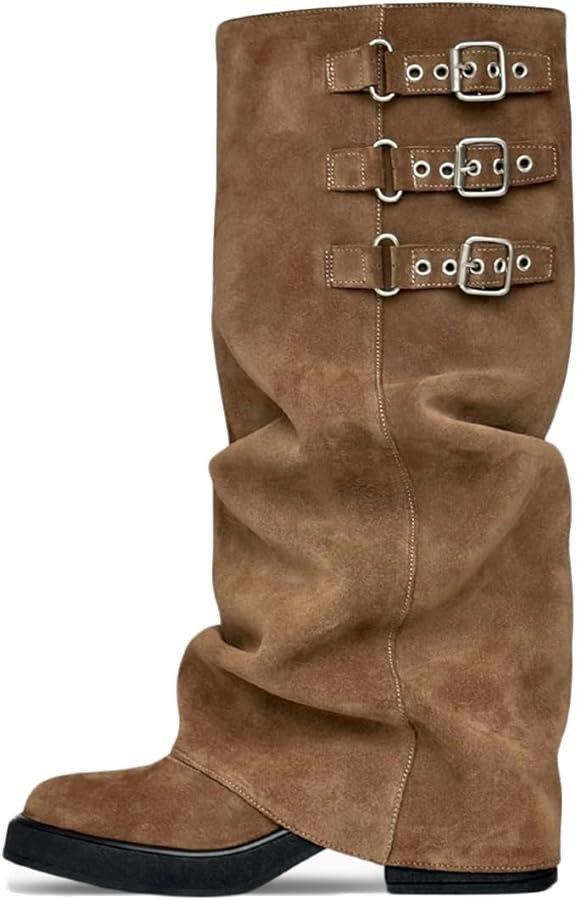 Knee High Boots Women Fall Slouchy Fold Over Tall Boots - Motorcycle, Hidden Zipper, Fashion Buck... | Amazon (US)