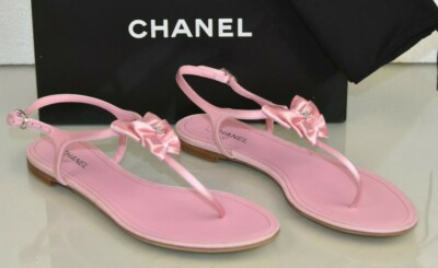 NEW Chanel Sandals Satin Bow Thong CRYSTAL CC Jeweled Rose Pink Flats T Strap 40  | eBay | eBay US