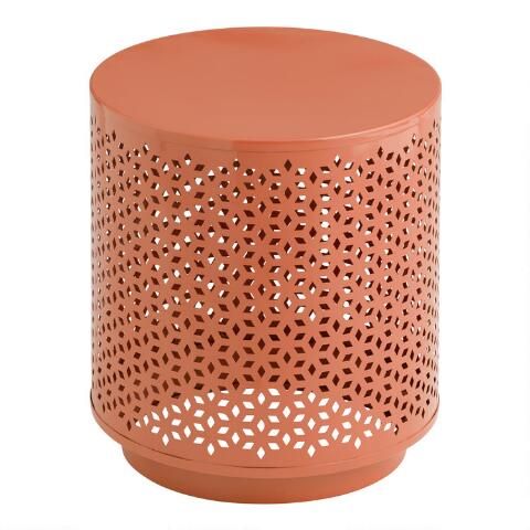 Canberra Round Coral Punched Metal Geo Outdoor Stool | World Market
