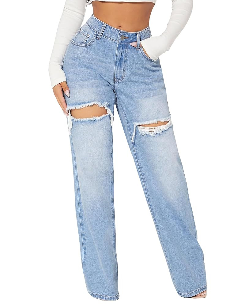 Womens Distressed Straight Leg Jeans High Waisted Wide Leg Baggy Jeans Boyfriend Casual Denim Pan... | Amazon (US)