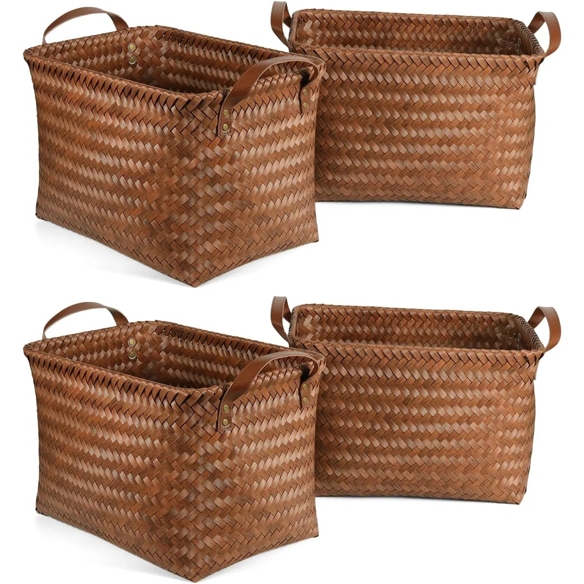 15L Waterproof Laundry Storage Baskets Set Of 4, Woven Cube Organizer Bins With Leather Handles F... | Wayfair North America