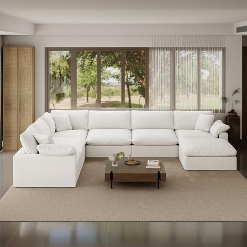 Intuition Decor 253" Oversized Cloud Modular Sectional Sofa,7 Seat Down Filled Sofa,Comfy Deep Seat Couch with Reversible Chaise & Cushions,Couch Cover Washable and Replaceable,White | Amazon (US)