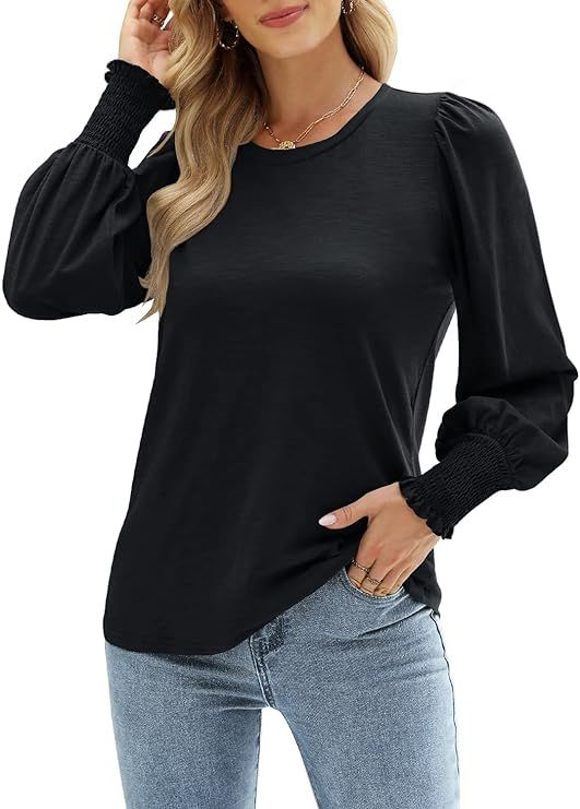 DOROSE Womens Puff Long Sleeve Shirts Ruffle Tops Casual Loose Top Blouses | Amazon (US)