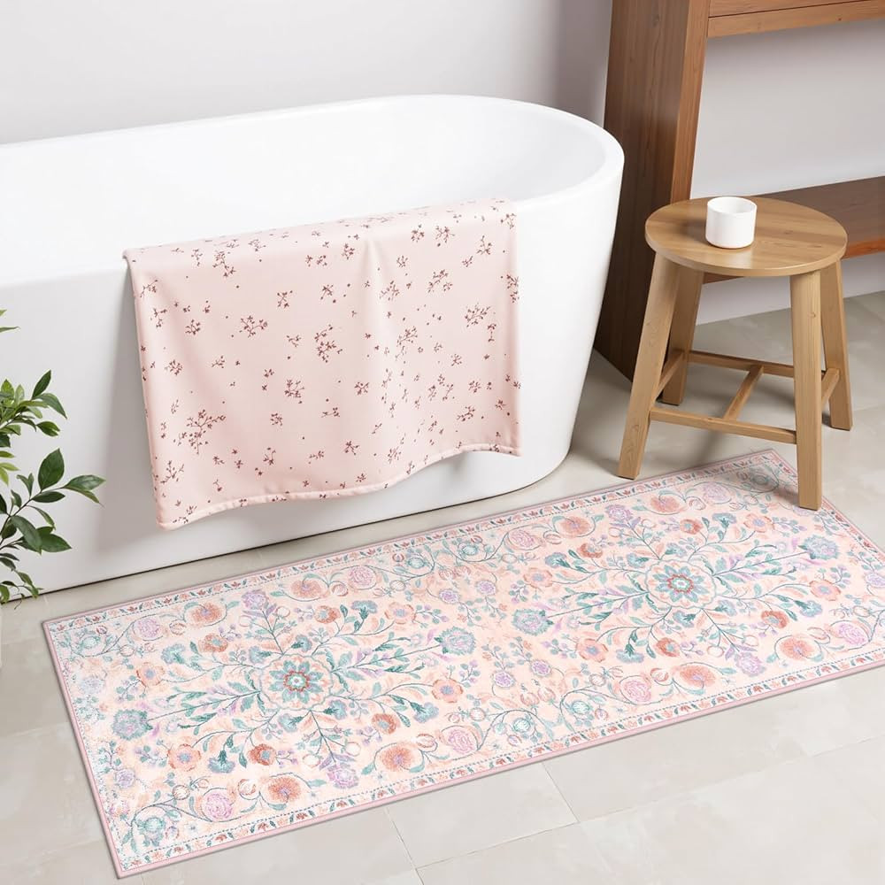 Uphome Bathroom Rug Runner Pink Floral Bath Mats Vinatge Ultra Soft Non Slip Bathroom Rugs Machin... | Amazon (US)