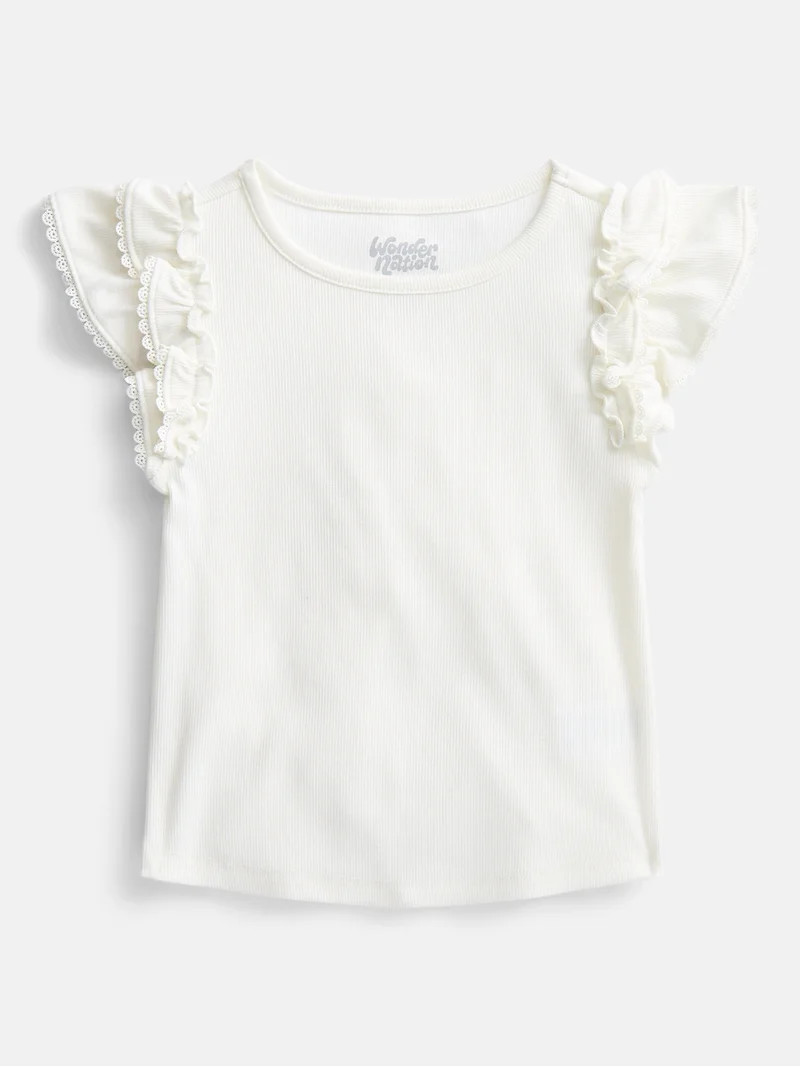 Wonder Nation Girls' Ribbed Top with Short Ruffle Sleeves, Sizes 4-18 & Plus | Walmart (US)