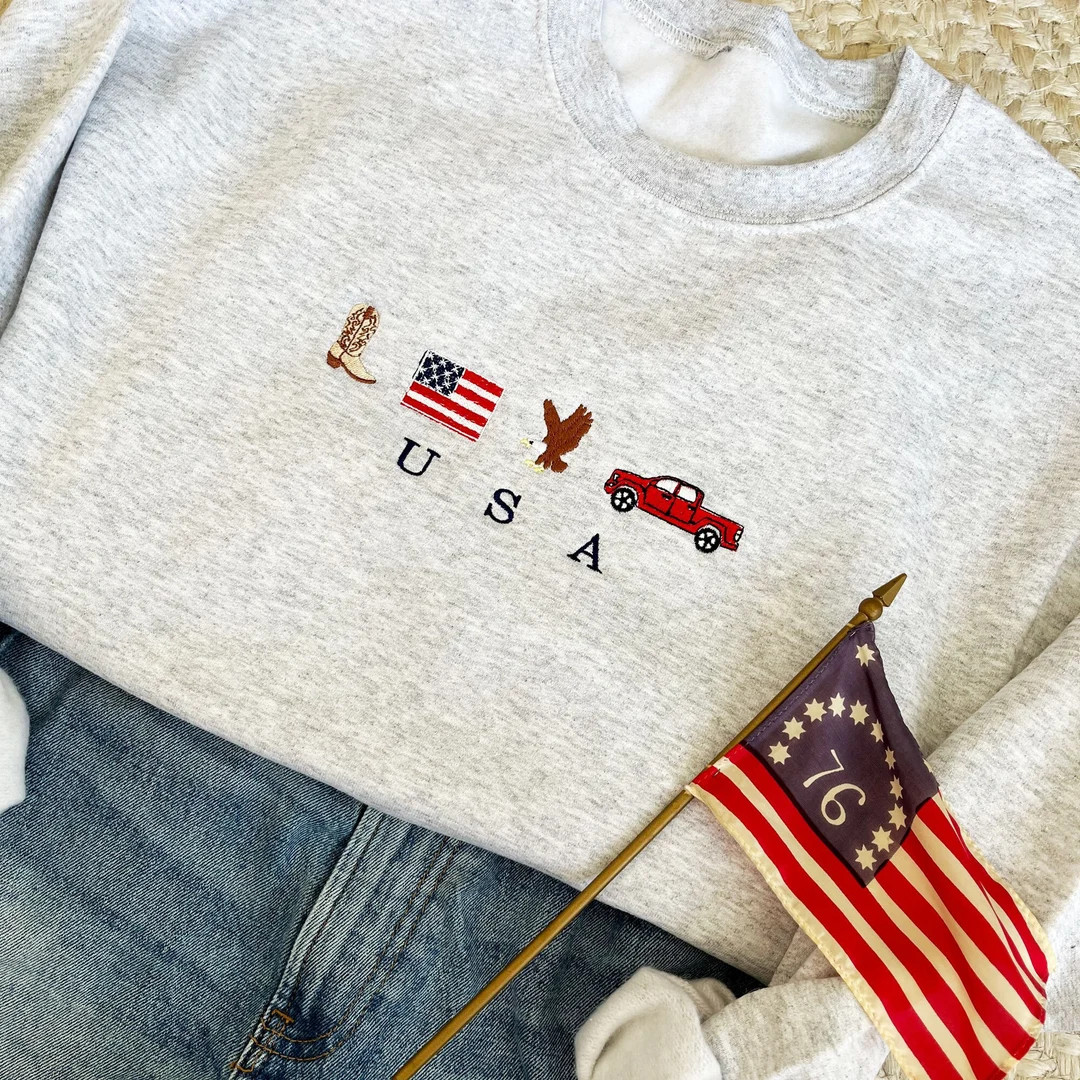 USA Embroidered Icons Crewneck Sweatshirt | America Sweatshirt | 4th of July Crewneck | Country, ... | Etsy (US)