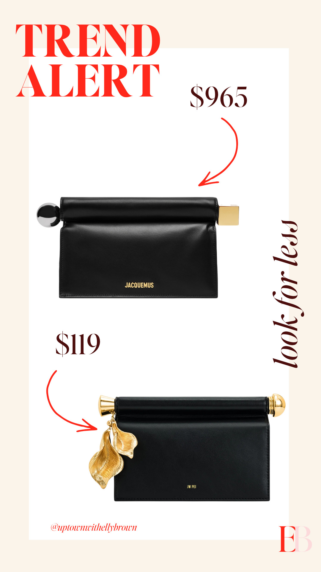 The Jacquemus La Pochette Rond Carré is $965 of lambskin perfection — oversized silver circle hardware, golden square closure, the kind of clutch that makes an entire outfit make sense. It's also nearly a thousand dollars, which is a real number.

JW PEI's Holly Metal Pendant Clutch in black is $119 and is doing the exact same visual job. Structured black clutch, statement metal hardware, the same "I thought about my bag tonight" energy at a fraction of the price. If the hardware detail is what drew you to the Jacquemus — and it should be, because that's the whole bag — the Holly delivers it without the receipt shock.

Both linked. One is an investment, one is a Tuesday night decision. You know which is which. 

 