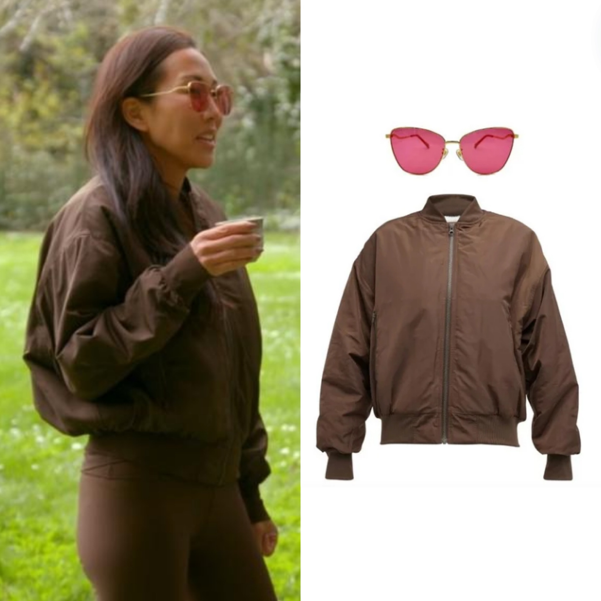 Katie Ginella’s Brown Bomber Jacket and Sunglassess
