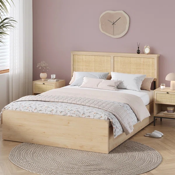 Boho Natural Rattan Queen Bed Frame With Wooden Headboard And 4 Storage Drawers | Wayfair North America