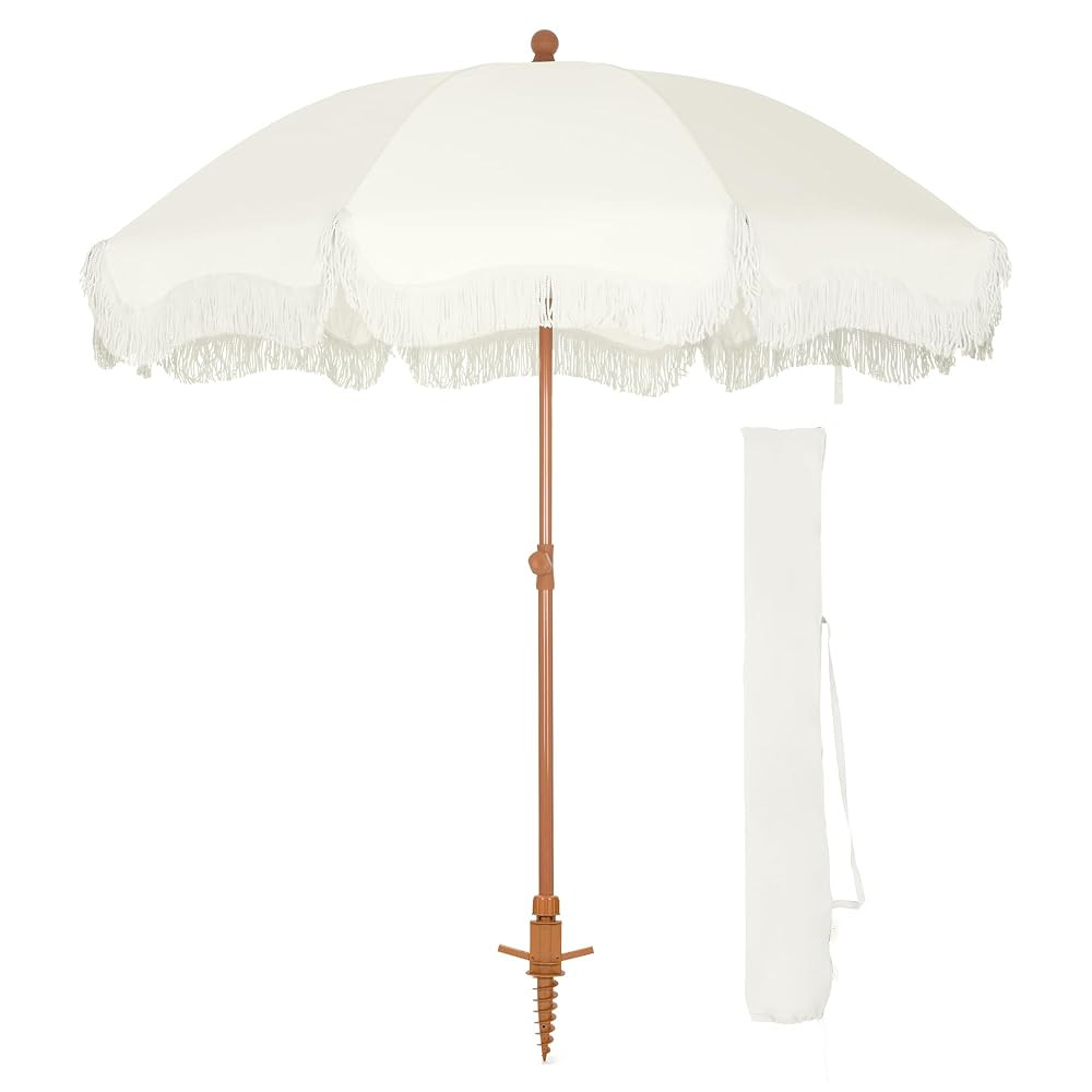 HERA'S PALACE 7ft Heavy Duty Beach Umbrella with Sand Anchor, Fringe Umbrella for Sand, UV 50+, P... | Amazon (US)