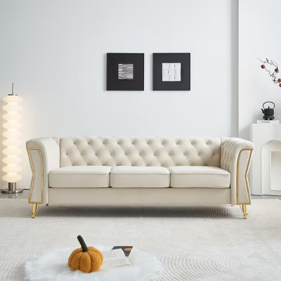Mid-Century Modern Beige Velvet Tuxedo Sofa, 3-Seater Tufted Couch with Gold Metal Legs and Diamond Stitching for Living Room, Reception - Panipeachy | Target