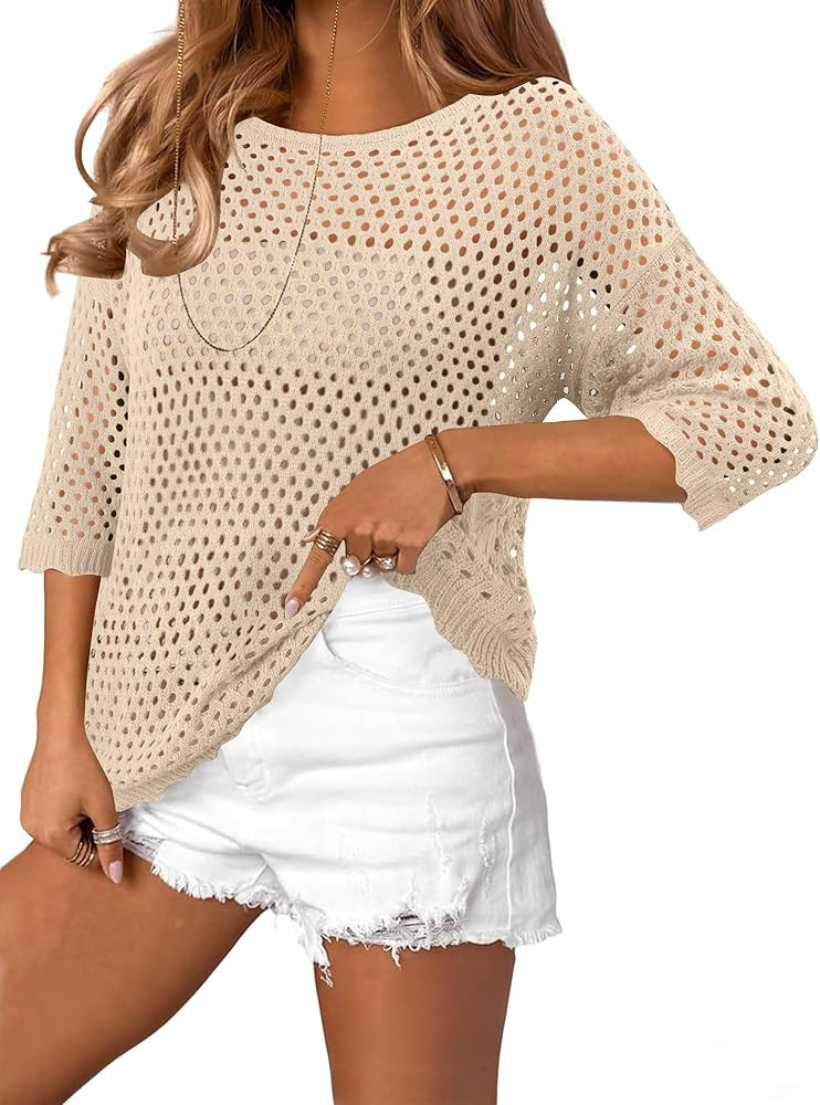 CRAZY GRID Women Casual Crochet Hollow Out Tops Spring Summer Half Sleeve Beach Swim Cover Ups Tr... | Amazon (US)