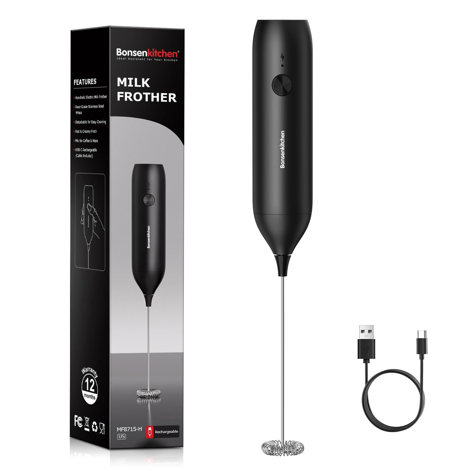 Bonsenkitchen Rechargeable Milk Frother Handheld, Electric Foam Maker with Stainless Steel Whisk, Charging USB-C, Portable Hand Wand Drink Mixer for Coffee Matcha Lattes Cappuccino, Kitchen Gifts | Amazon (US)