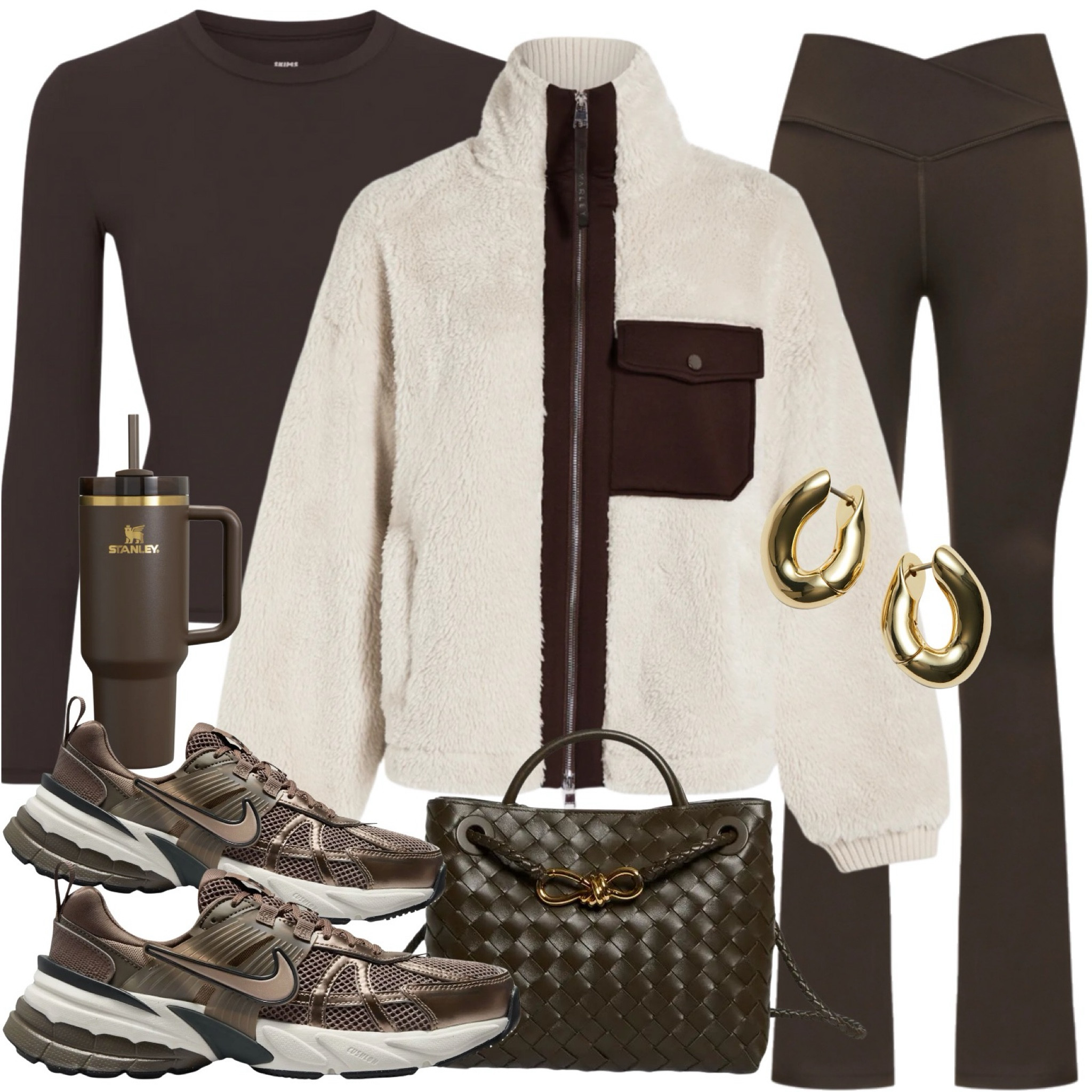 Sherpa jacket, skims long sleeve T-shirt, flared leggings, Nike V2K trainers, Bottega Veneta Andiamo tote bag, gold earrings & Stanley cup.
Athleisure wear, comfy casual outfit, everyday outfit, cosy, fleece jacket.

#LTKeurope #LTKstyletip #LTKfitness