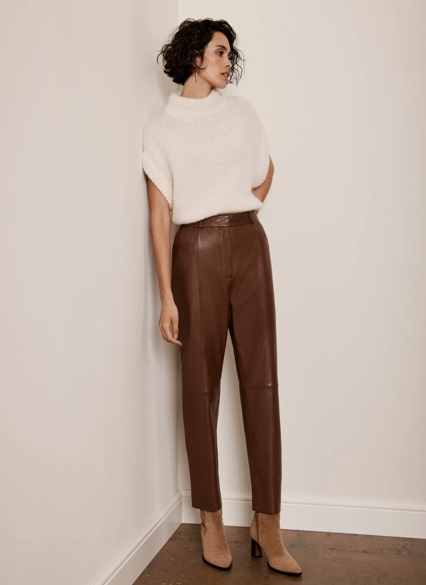 Tan Leather Tapered Trousers | Mint Velvet