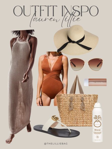 Beach vacation outfit inspo. Halter coverup. Swim Cover up. Metallic cutout swimsuit. Bathing suit. Sun hat. Polarized sunglasses. Straw woven bag. Tote bag. Mineral reef safe sunscreen. Sun Bum. Gucci sandals. SPF lip balm. Travel. Vacation. Warm weather. Spring break  

#LTKunder100 #LTKswim #LTKtravel