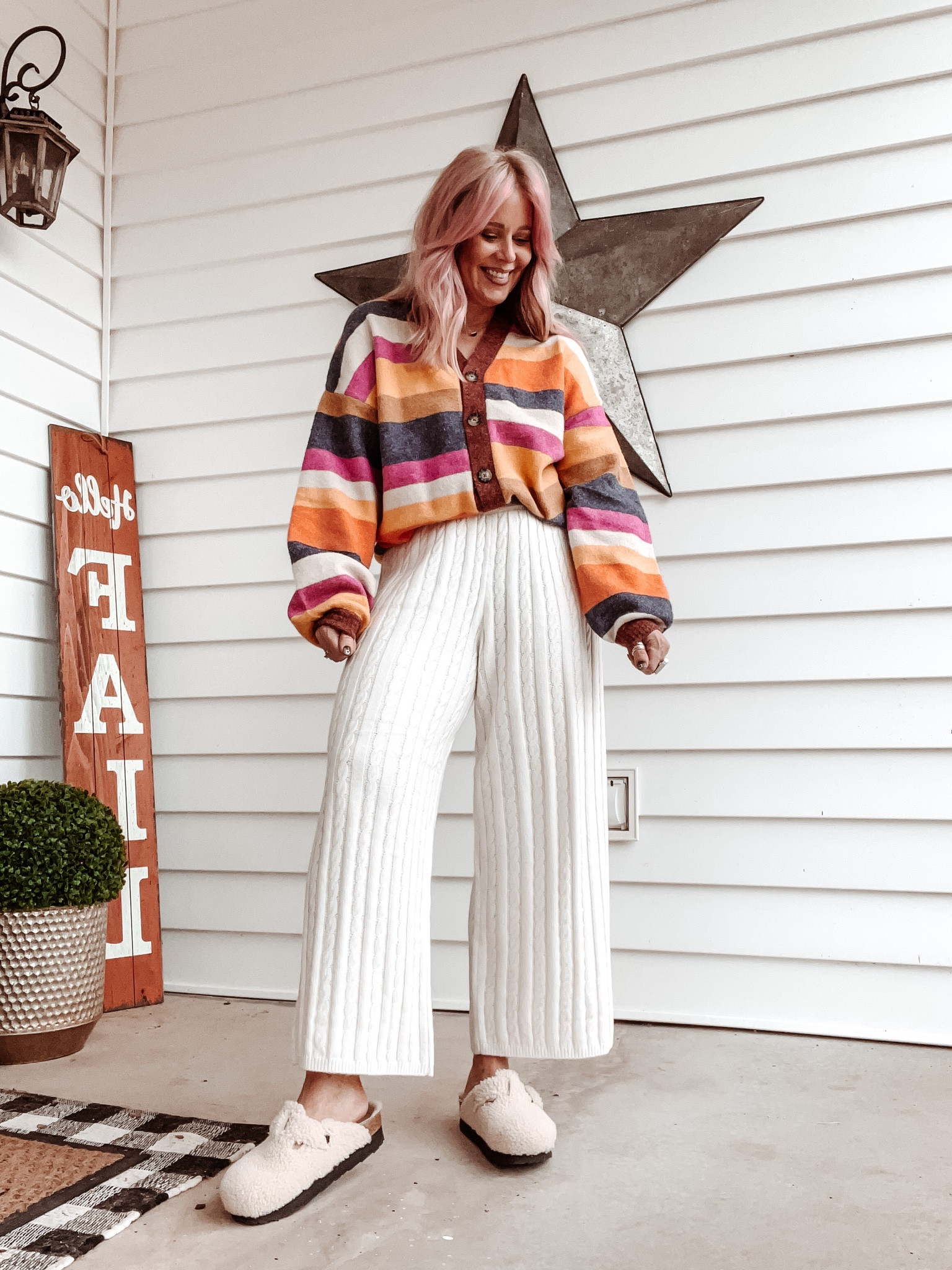 Ascot and Hart, striped cardigan, sweater pants, sherpa Birkenstocks, cable knit sweater pants, cardigan style polo, polo style, fall fashion 

#LTKover40 #LTKstyletip #LTKSeasonal
